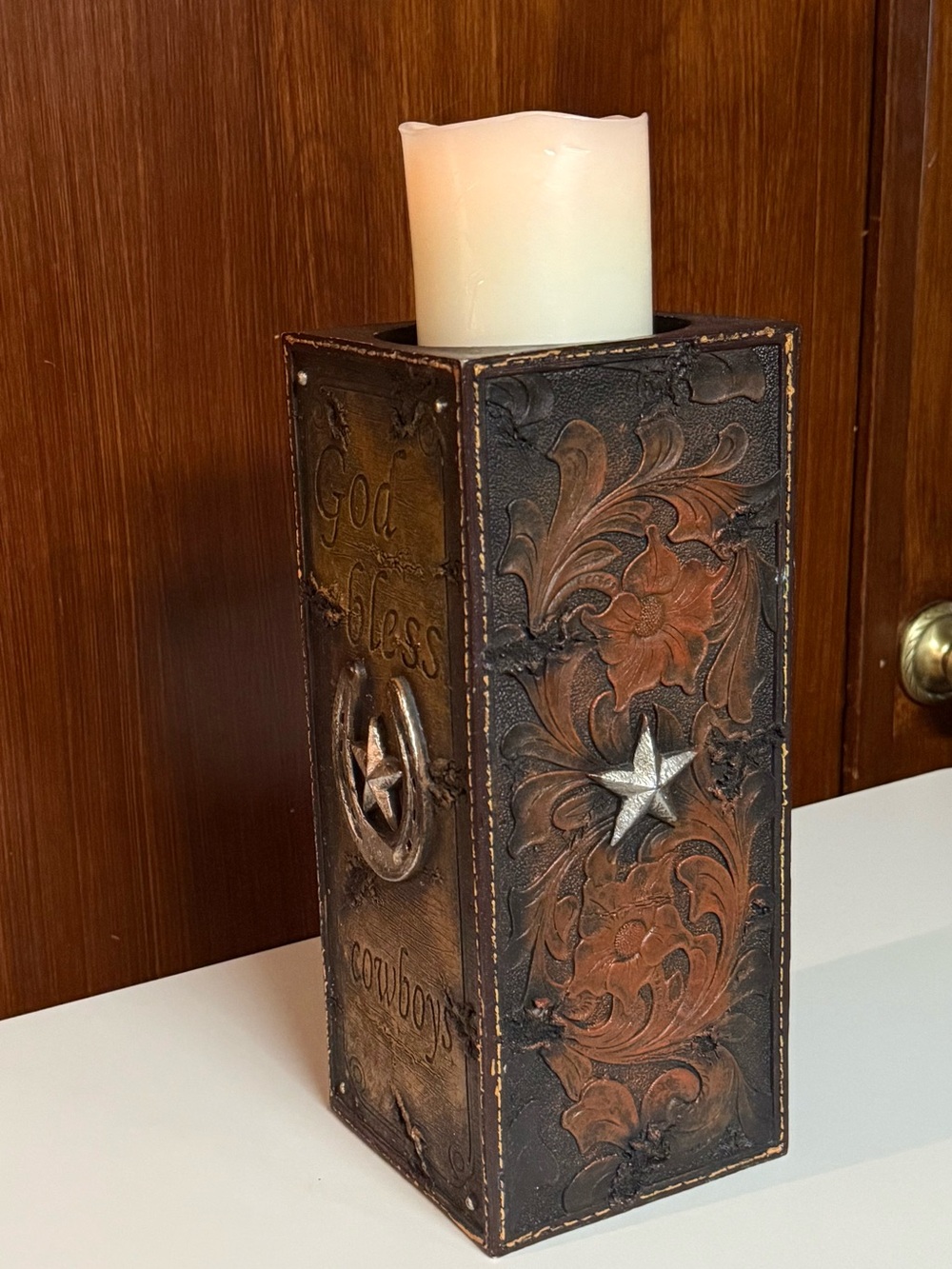 Western "God Bless Cowboys" embossed floral scrollwork Pillar Candle Holder